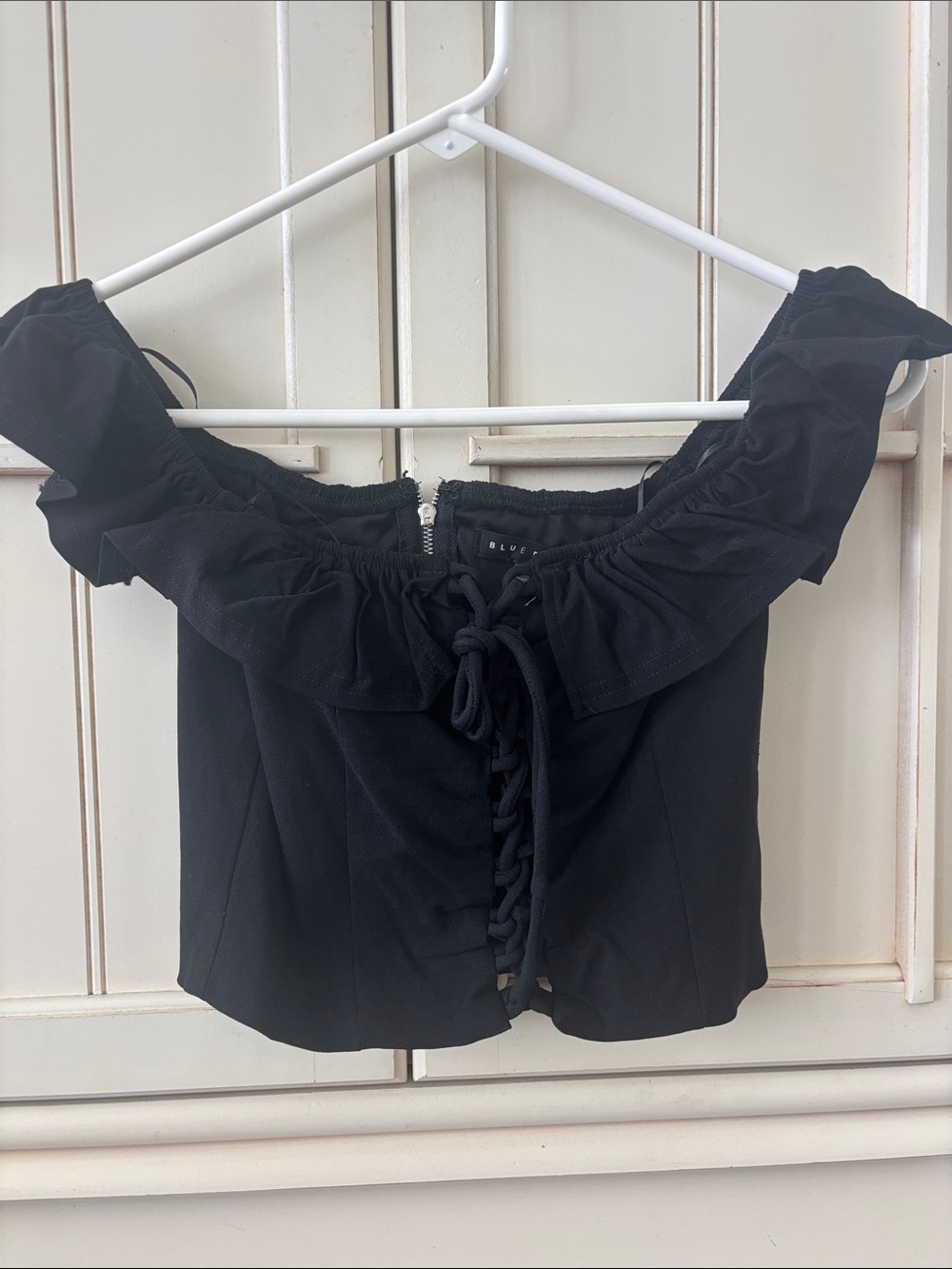 Blue Blush Black Off-Shoulder Ruffle Lace-Up Crop Top